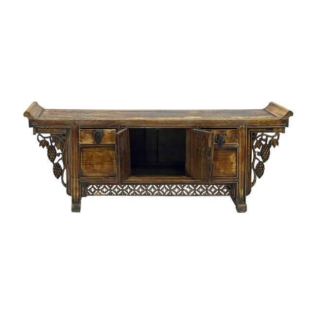 Chinese 39" Distressed Vintage Chinese Carving Point Edge Chest Table Stand For Sale - Image 3 of 10
