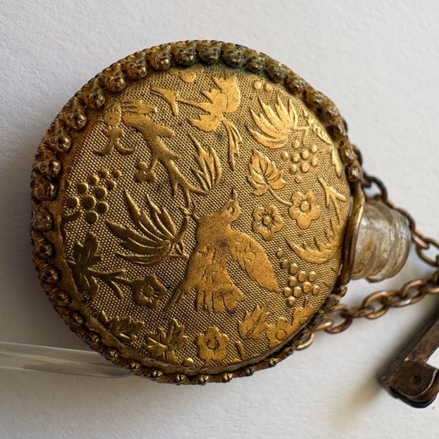 Brass Vintage Art Deco Gilt Perfume Bottle Chatelaine Brooch With Original Glass Dauber Vanity Accessory For Sale - Image 8 of 10