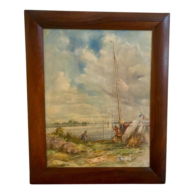 Listed British Artist Bernard Harper Wiles 1883-1966 - Signed Framed Original Watercolor Painting of a Family and a Sailboat on the Water in England For Sale