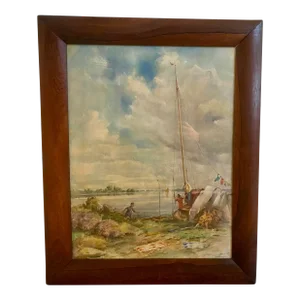 Listed British Artist Bernard Harper Wiles 1883-1966 - Signed Framed Original Watercolor Painting of a Family and a Sailboat on the Water in England