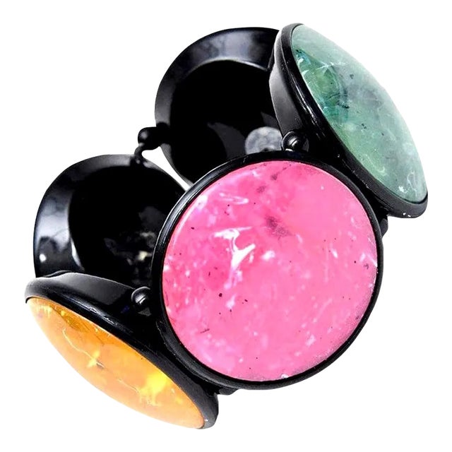 Vintage French Resin Five Disk Pink, Amber Yellow, Sage Green, Rust Orange Stretch Bracelet 80's For Sale