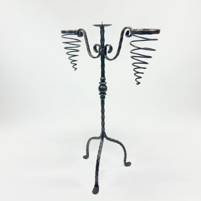 Hand Forged Iron Candelabra 26.5″ (67cm) Sculptural Spiral Single Candle Stand Antique Finish For Sale - Image 9 of 11