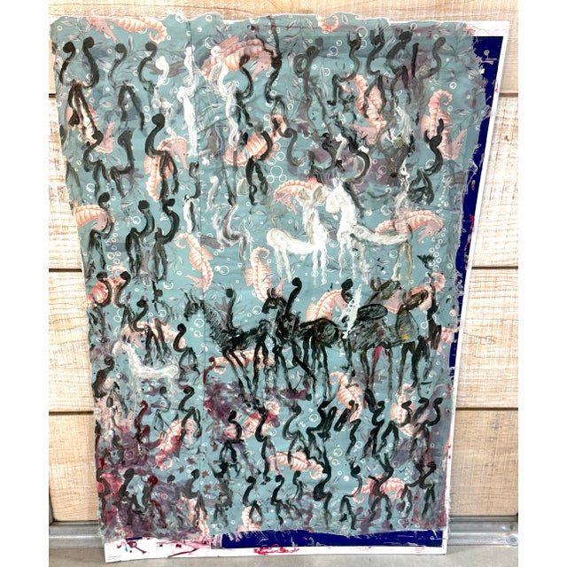 Purvis Young Purvis Young Mixed Media on Poster Board with Seahorse Fabric & Painted Warriors For Sale - Image 4 of 18