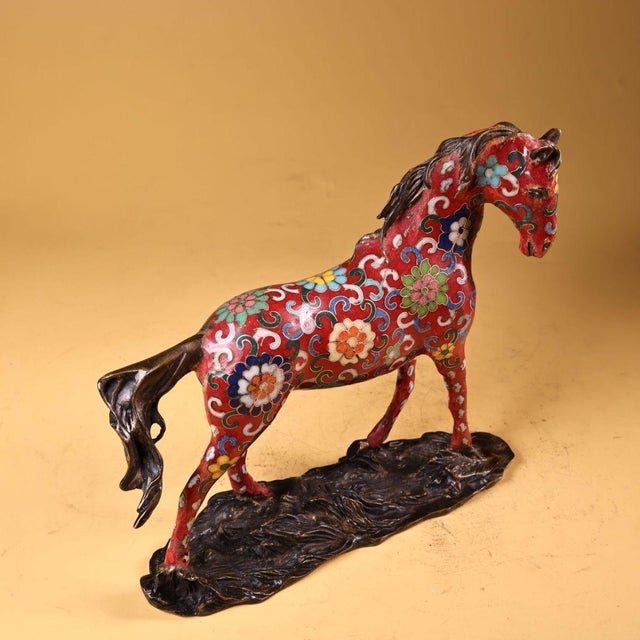Gilt Bronze Cloisonné Enamel Horse Figure on Rockwork Base For Sale - Image 4 of 10