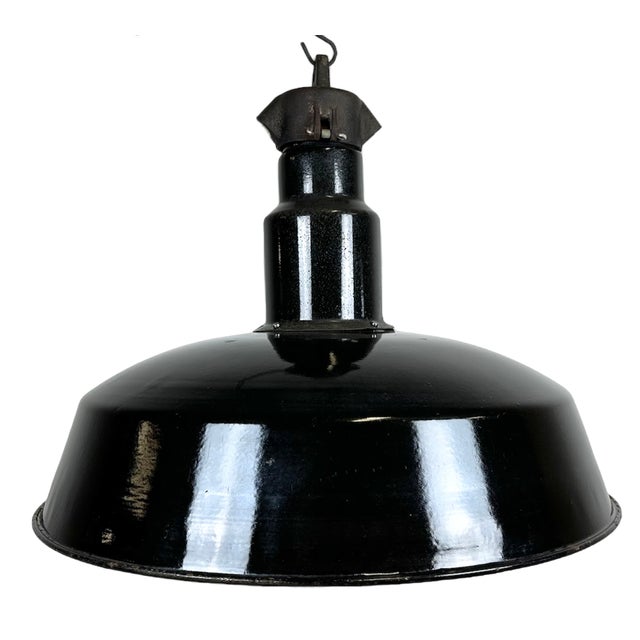 Mid-Century Industrial Black Enamel Factory Lamp, 1950s For Sale