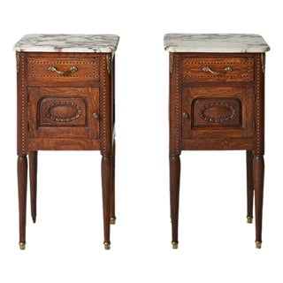 Circa 1920s Belgian Louis XVI Style Marble Top Bedside Tables (Set of 2) For Sale