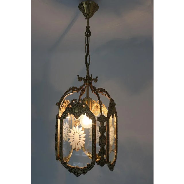 French Louis XVI Style Brass and Etched Glass Lantern, 1950s For Sale - Image 6 of 12