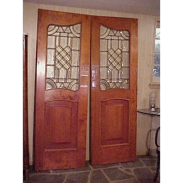 Neoclassical Pair of Mahogany Raised Panel Leaded Glass Doors-Pivot Hinge Swinging Both Ways For Sale In West Palm - Image 6 of 6