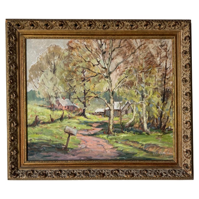 1960's Ruth Kerlin Hibbs Spring Rural Landscape Oil on Canvas Painting, Framed For Sale