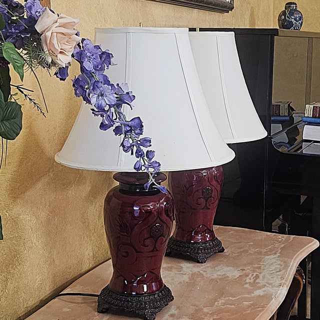 Vintage Sang De Boeuf Red Chinoiserie Ginger Jar Table Lamps - Pair For Sale - Image 9 of 18