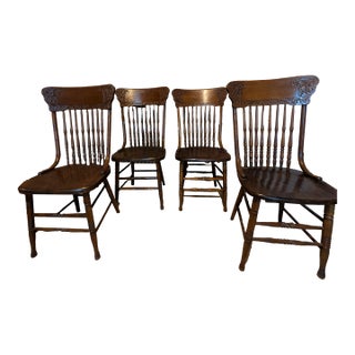 Set of Four (4) Antique Oak Pressed Back Dining Chairs For Sale