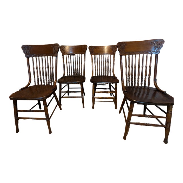 Set of Four (4) Antique Oak Pressed Back Dining Chairs For Sale