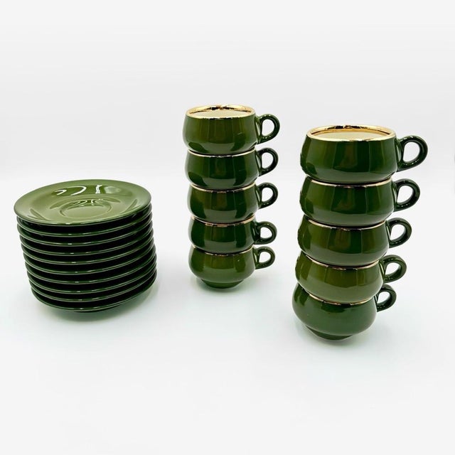 Ceramic Empire Green Espresso Cups with Gold Trim by Helvetia Express, 1970s, Set of 10 For Sale - Image 7 of 9