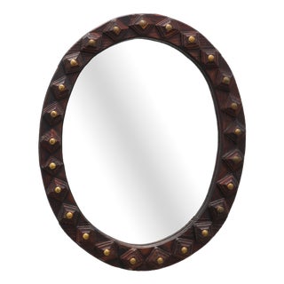 Spanish Brutalist Oval Mirror in Hand-Carved Wood with Brass Studs, 1950s For Sale