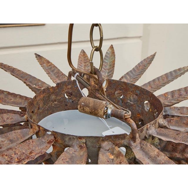 Mid 20th Century Spanish Gilt Metal Sunburst Chandelier with Frosted Glass For Sale - Image 11 of 11