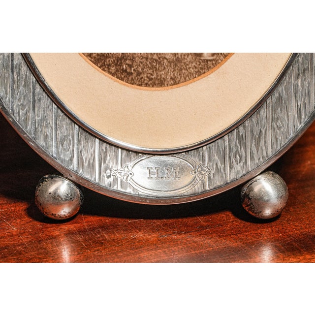 Stately Large Antique Sterling Silver Oval Picture Frame With Period Photo Photograph Man in Suit Bow Tie Fashion Home Decor For Sale In New York - Image 6 of 9