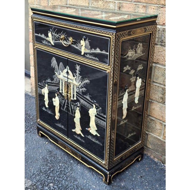 Chinese Mother of Pearl and Hardstone Decorated Lacquered Side Cabinet For Sale - Image 4 of 11