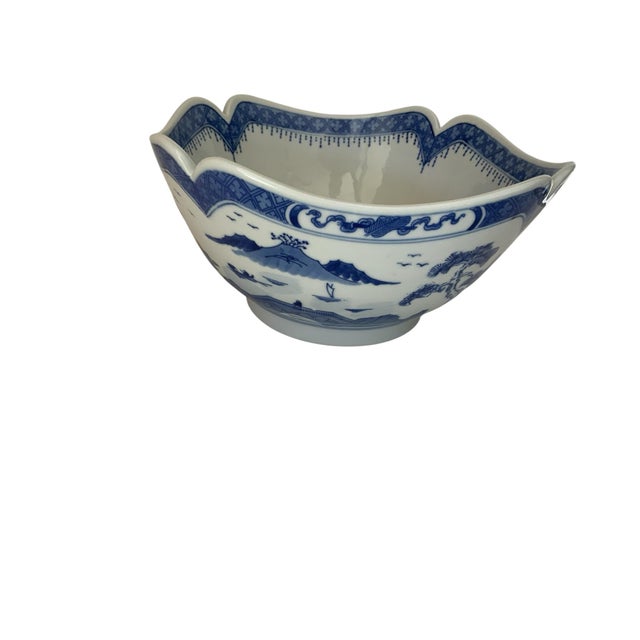1970s Vintage Large "Blue Canton" Porcelain Deep Square Fruit / Centerpiece Bowl - 9" Portugal 1980s-1990s For Sale - Image 5 of 7