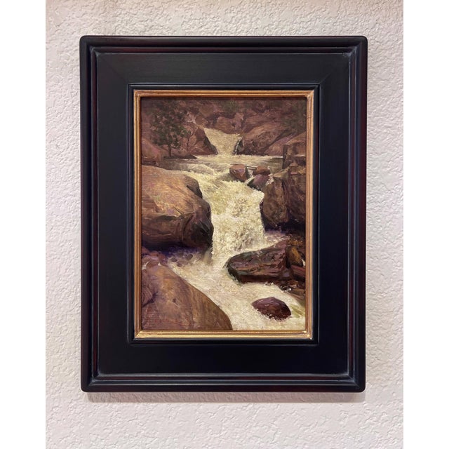 Rushing Water by Diego Glazer | Oil on Panel Painting of a flowing river through rocks For Sale