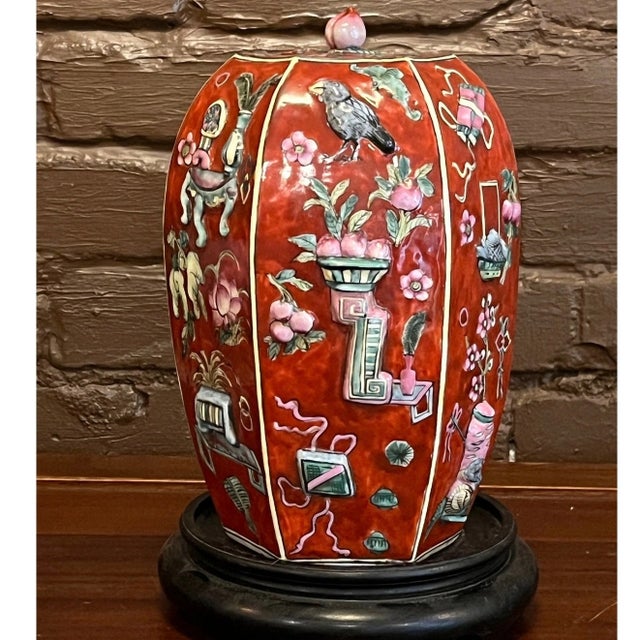 Fine Chinese Republic Period (c. 1912–1949) porcelain hexagonal ginger jar / tea caddy featuring a vibrant coral red...