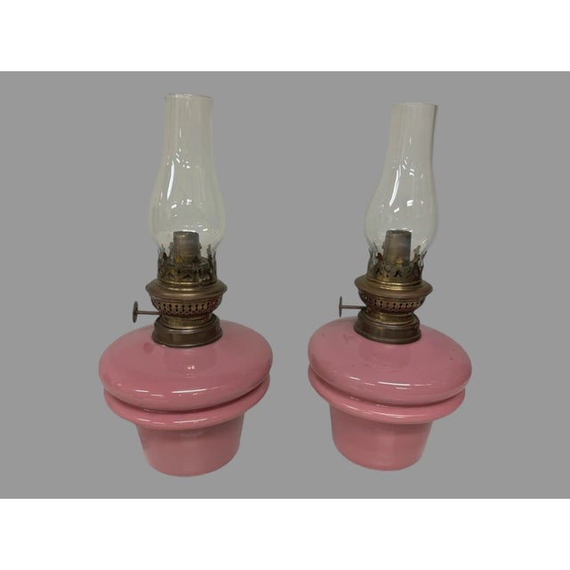 Pair Of Antique Victorian Pink Opaline Art Glass Oil Lamp Fonts In very nice original condition showing some typical age-...