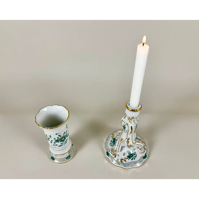 Vintage Porcelain Set Gilded Vase and Candlestick from Meissen, Germany, 1950, Set of 2 For Sale - Image 3 of 9