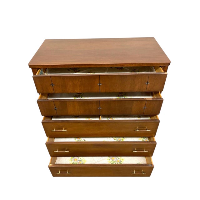 Wood 1960s Broyhill Premier “Saga" Highboy Dresser - Mid-Century Modern Chest With Starburst Carvings For Sale - Image 7 of 10