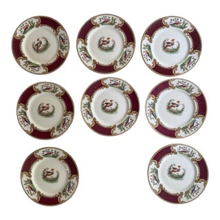1930s Myott Staffordshire Chelsea Bird Salad Plates Burgundy Gold English China - Set of Eight (8) 7 7/8” For Sale