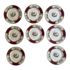 1930s Myott Staffordshire Chelsea Bird Salad Plates Burgundy Gold English China - Set of Eight (8) 7 7/8”
