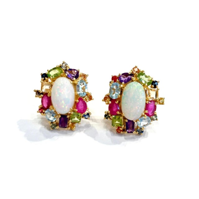Bochic “Orient” Retro Opal, Ruby & Multi Color Fancy Sapphire Earrings Set In 18K Gold & Silver Natural White Opal,...