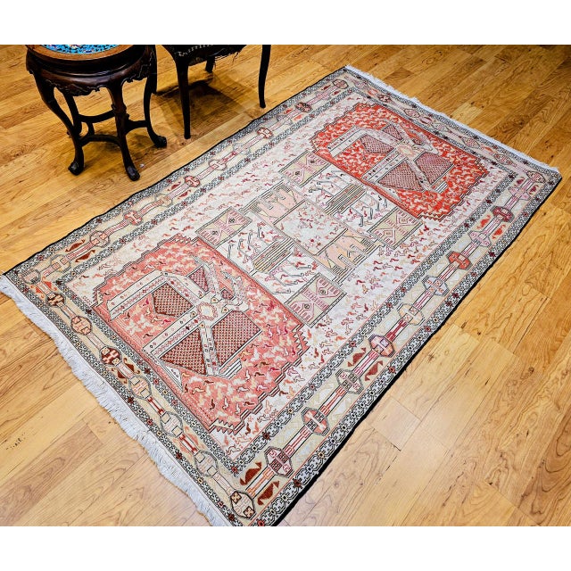 Textile Vintage Persian Shahsavan Soumak Tribal Rug, Handwoven Wool & Silk, Geometric Pattern, Ivory & Red, 4x7 For Sale - Image 7 of 18