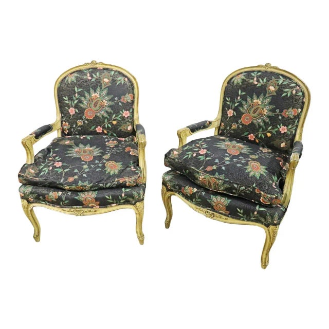 Upholstered. Carved wood legs. Floral. Measures: 37 1/2" h x 26 3/8" w x 26 1/2" d. Seat height 17". Condition Finish loss...