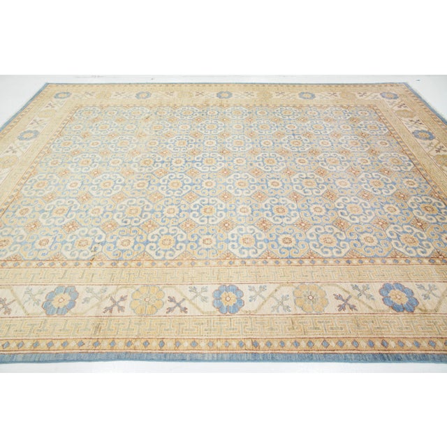 2010s Handmade Modern Khotan Wool Rug With Allover Design in Beige and Blue For Sale - Image 5 of 10