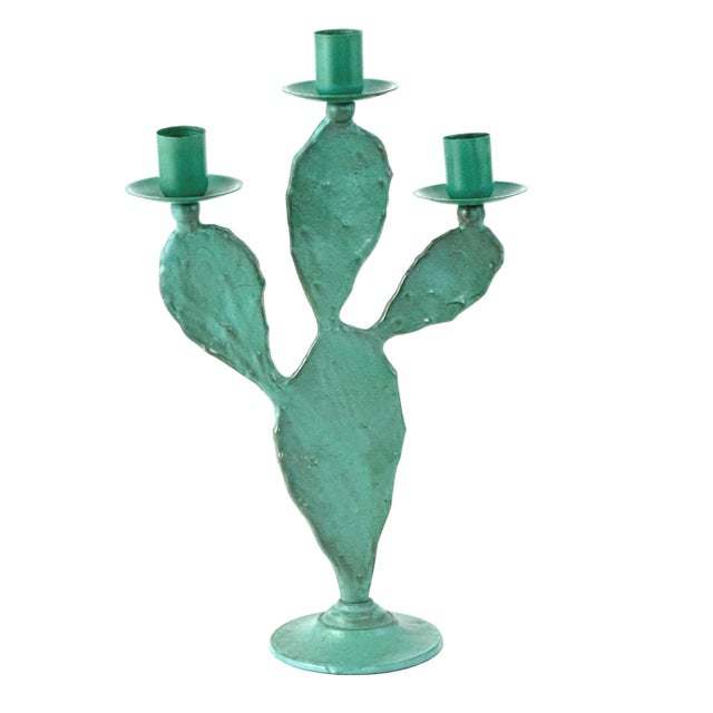 Vintage 1990s Pair of (2) Turquoise Prickly Pear Cactus Candelabras Metal Candle Stick Holders For Sale - Image 9 of 17