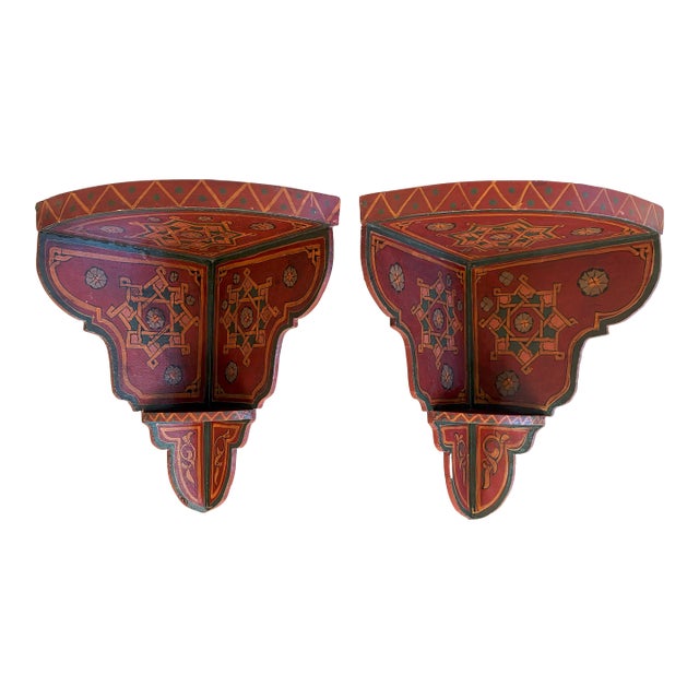 Vintage Painted Wood Moroccan Corner Wall Shelves- a Pair For Sale