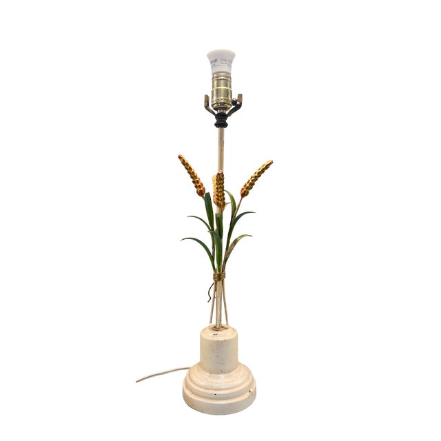 Charming vintage Italian-inspired tole table lamp featuring a sculptural sheaf of wheat with hand-painted green leaves and...