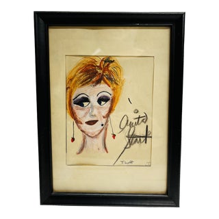 Vintage 1950s Original Modernist Caricature Portrait Drawing, Framed For Sale