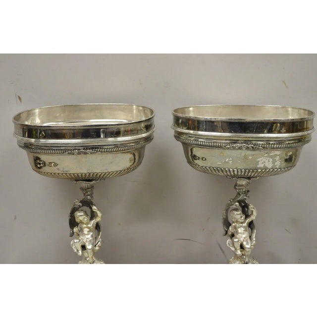 French Rocco Style Silver Plated Cherub Dome Centerpiece Fruit Bowls - a Pair For Sale - Image 4 of 13