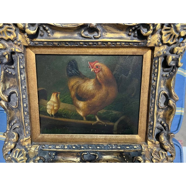 Mid 20th Century Mid 20th Century Brown Rooster Painting in Ornate Gold Frame For Sale - Image 5 of 12
