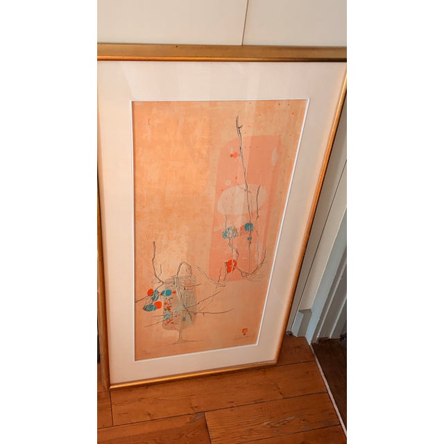 Asian Style 1980s Abstract “Fleurs D’Amitié” Lithograph #17/250 Signed by Lebadang – Large Framed – 45”x24” – With Original Documents For Sale - Image 4 of 12
