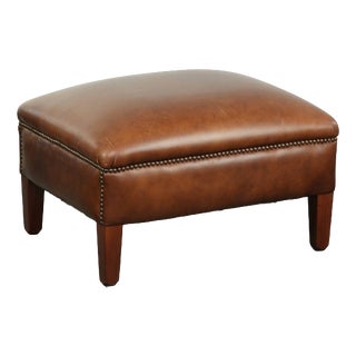 Cognac Cowhide Leather Ottoman with Decorative Nails For Sale