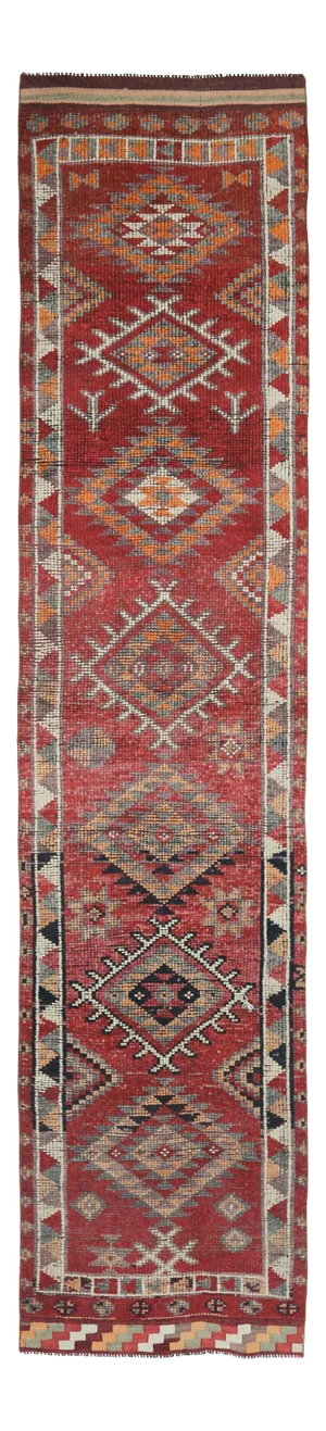 Vintage Turkish Hand-Knotted Wool Cotton Red Runner Rug