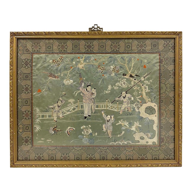 Late 19th-Century Framed Chinese Silk Embroidered Panel For Sale