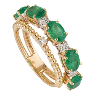 Vintage-Style 2.18ct Oval Emerald & Diamond Double Band Ring in 14k Gold Size 6.5 For Sale