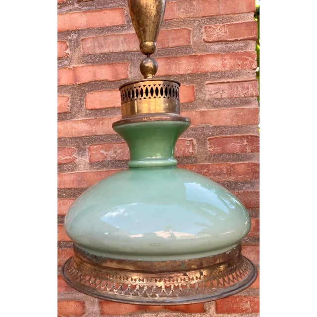 Green Mid-Century Pulley Pendant Lamp with Opaline Green Crystal and Brass, 1960s For Sale - Image 8 of 10
