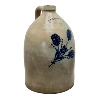 Beautiful Antique American Blue Flower Decorated 3 Gallon Size Stoneware Jug by E & L P Norton in Bennington Vermont For Sale