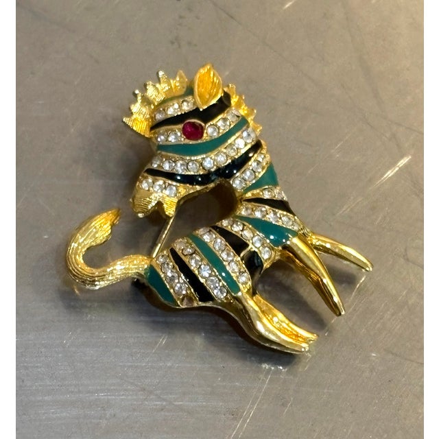 Mid-Century Modern Gold Tone Enameled Rhinestone Zebra Brooch For Sale - Image 3 of 4