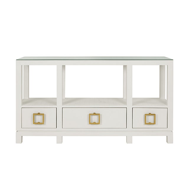 White Matthew Izzo Home Campbell White Linen Three Drawer Two Tier Console Table For Sale - Image 8 of 8