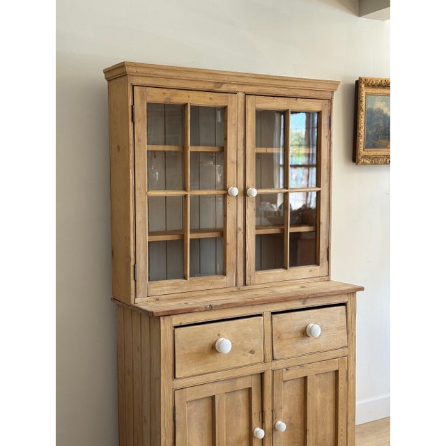 Rustic European Antique English Glass Pine Hutch For Sale - Image 3 of 7