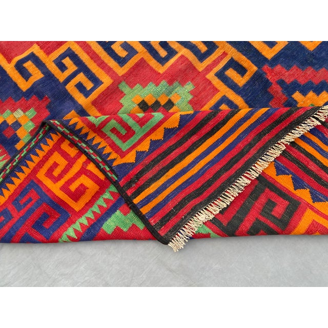 Orange Maimana Kilim Area Rug, Handwoven Wool, 7x10, Indigo & Orange For Sale - Image 8 of 12